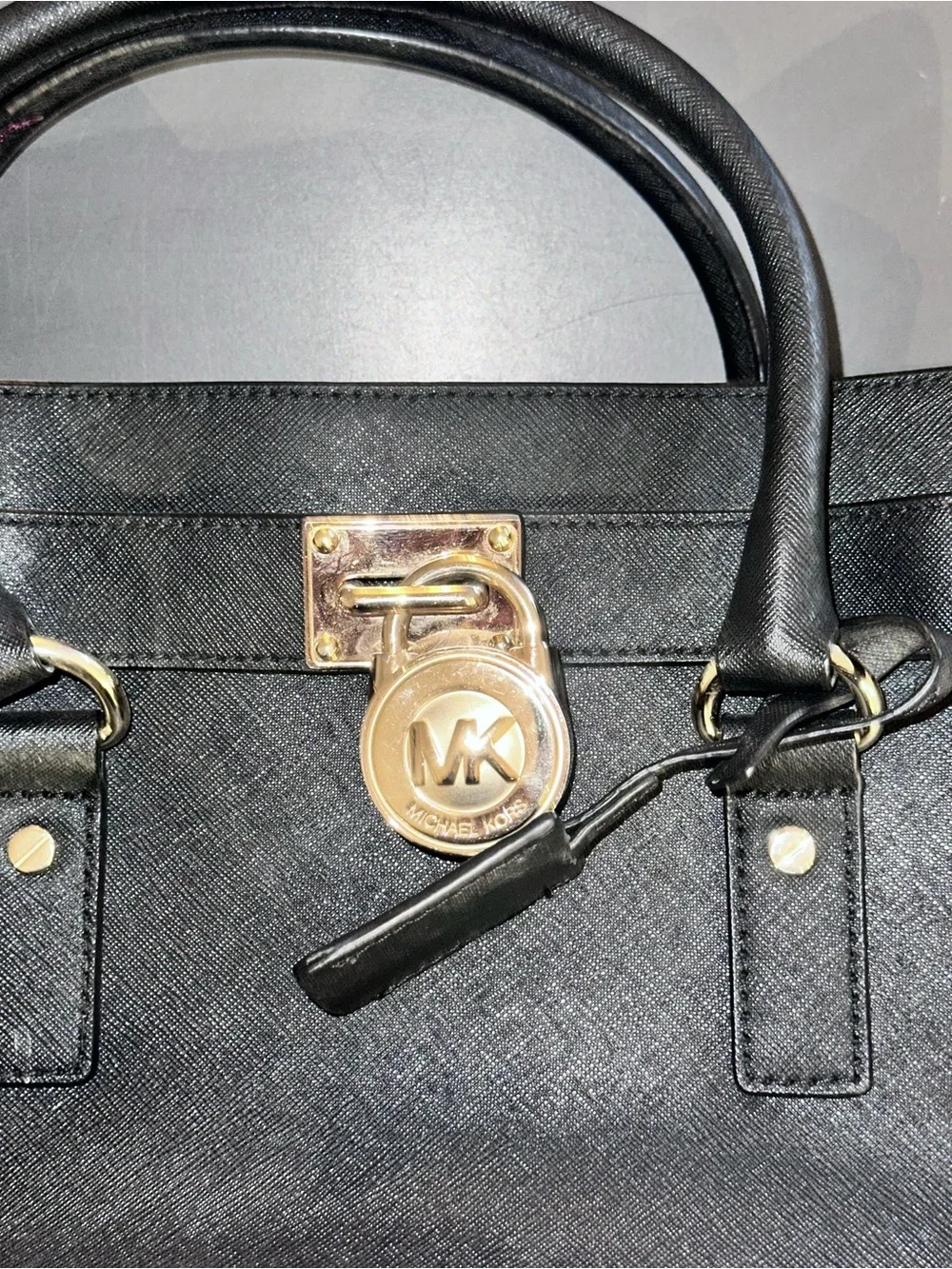 Michael Kors Hamilton Black Saffiano Leather with Gold Accent Lock